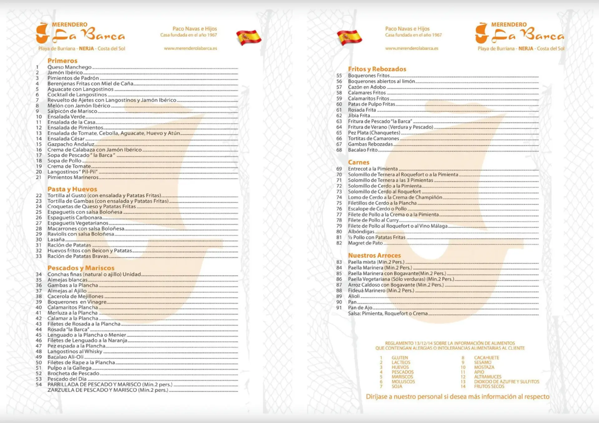 Carta de Merendero La Barca en Nerja