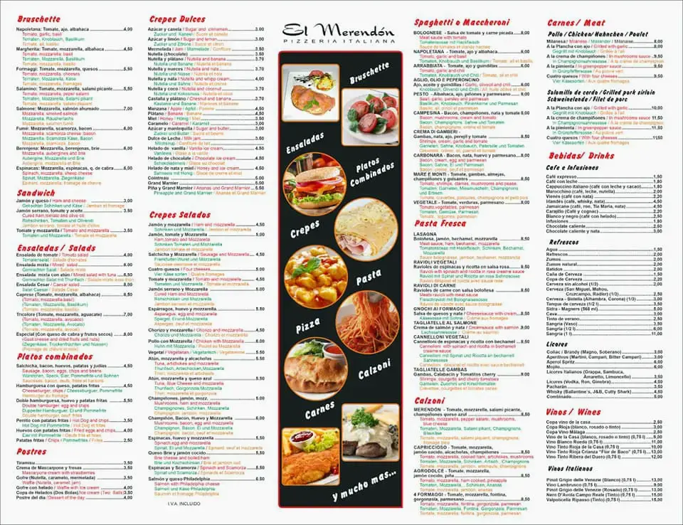 Carta de Pizzería El Merendón en Nerja